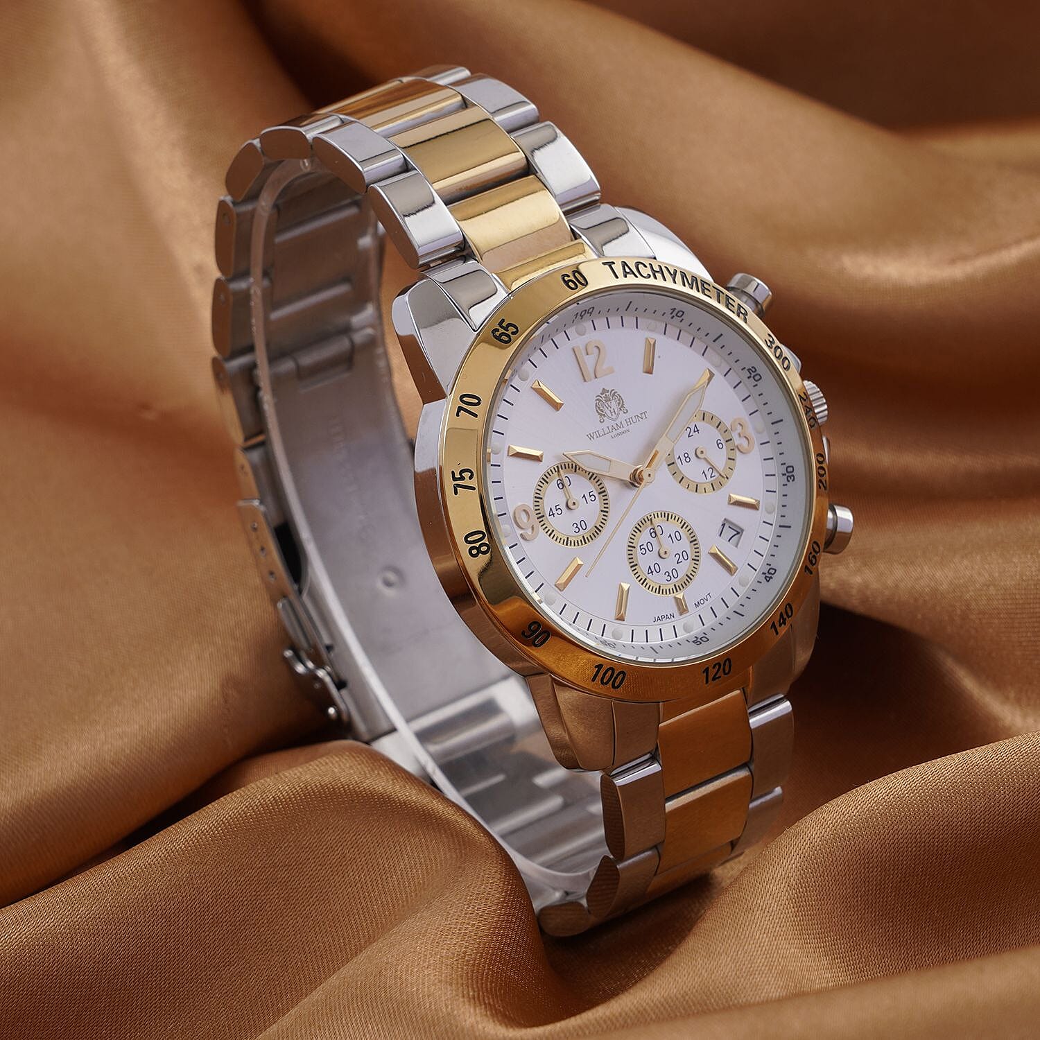 WILLIAM HUNT VD53 Multi-Function Japan Quartz 5ATM WR White Sunshine Dial & Two-Tone Case Mens Watch with Two-Tone Stainless Steel Strap